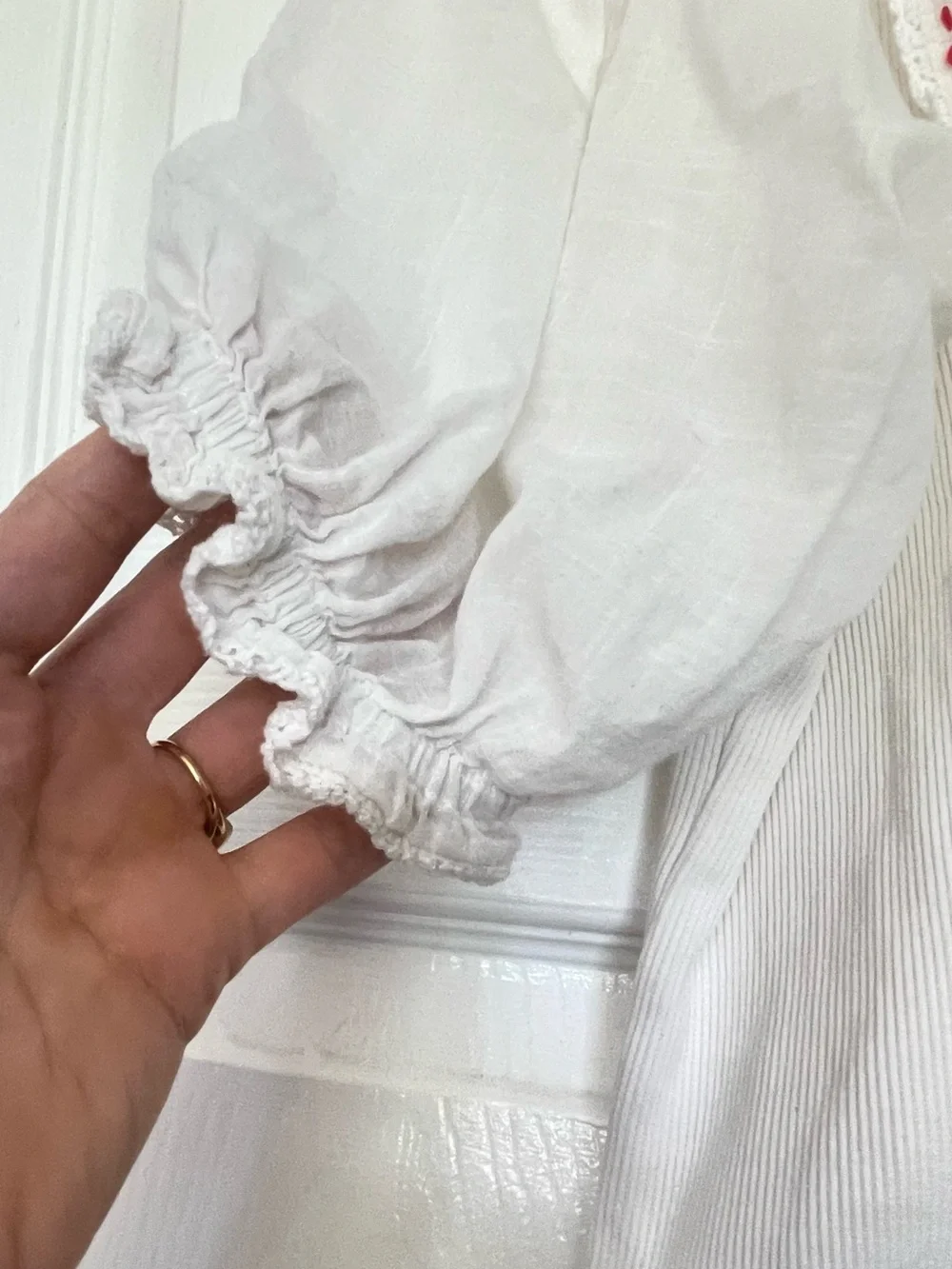 Anthropologie White V-Neck Puff Sleeve Top with Embroidered Collar